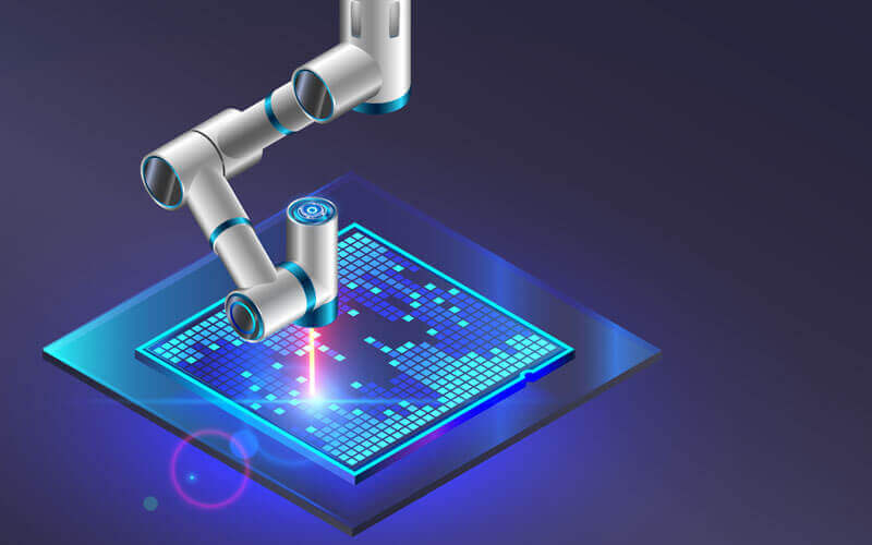 A robot arm assembling a silicon chip in a manufacturing setting